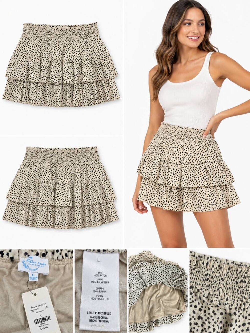 Francesca’s Blue Rain Ivory Polka Dot Ruffle Skirt L